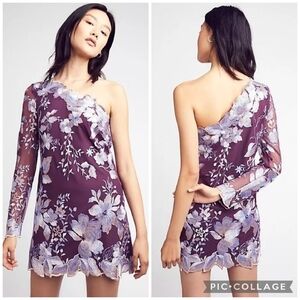 Free People Purple Rosalie One Shoulder Floral Mesh Embroidered Mini Dress